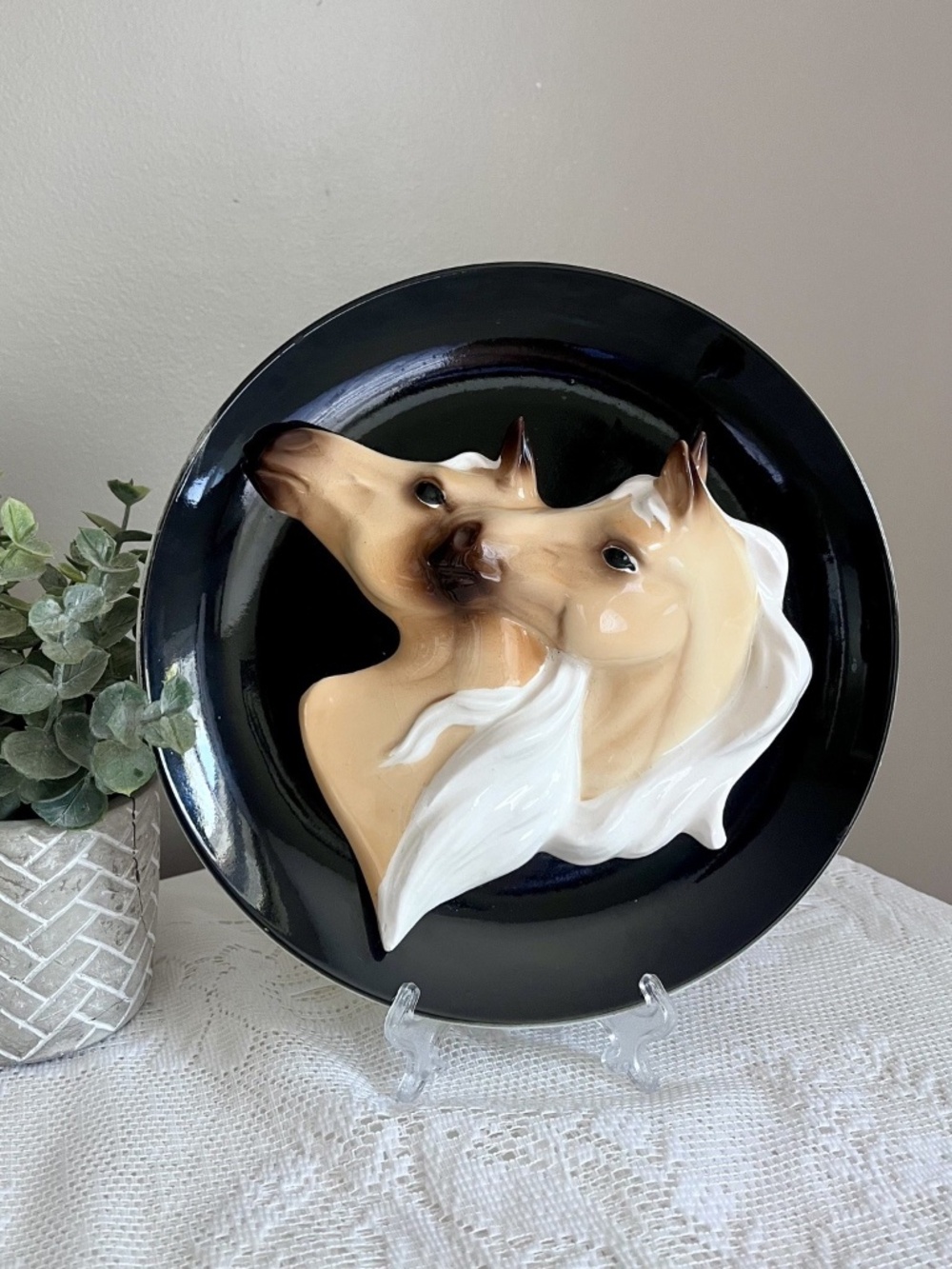 Vintage 3D Equestrian Wall Plate with Raised Horse Heads | ESD Japan Wall Art